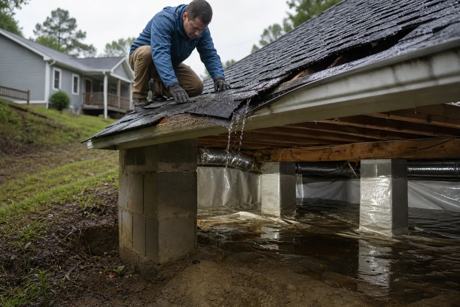 A worker inspects damaged roof shingles as water pours into a wet, plastic-lined crawl space below.