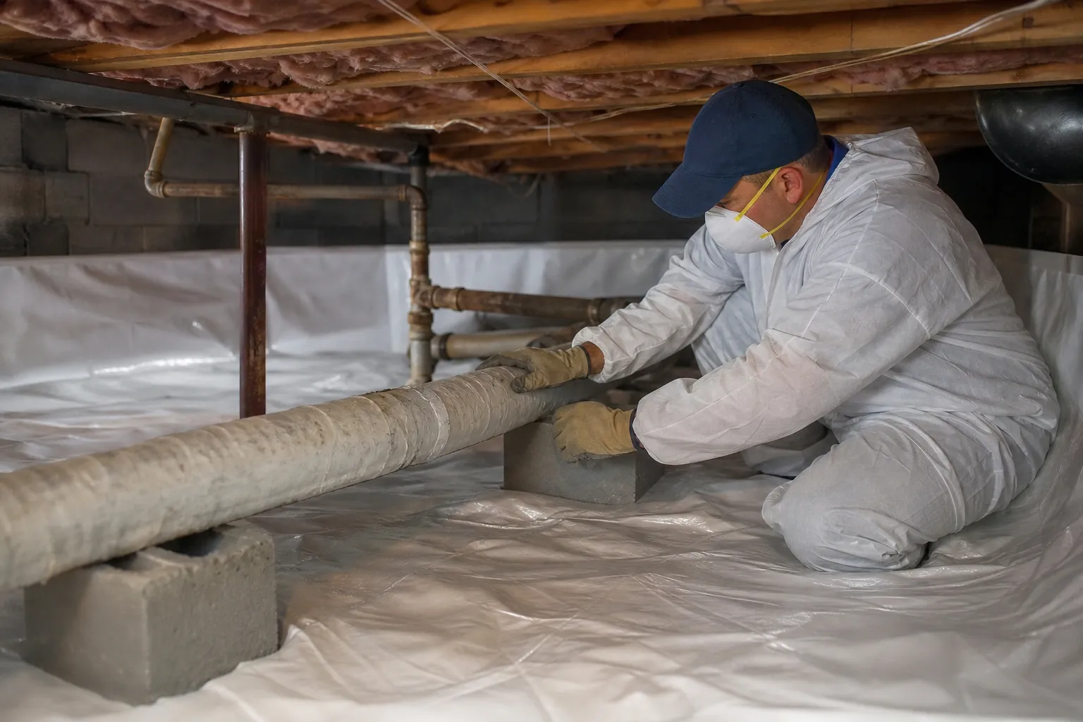 A worker in protective coveralls, gloves and a mask handles an insulated pipe in a crawl space lined with white plastic sheeting.