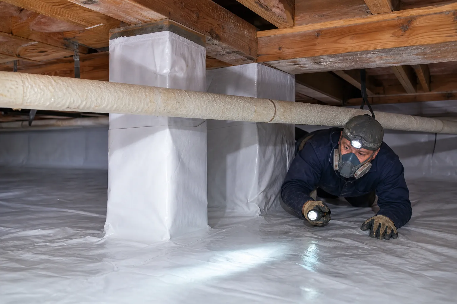 Worker wearing a respirator and headlamp holds a flashlight in a crawl space lined with white plastic beneath an insulated pipe.