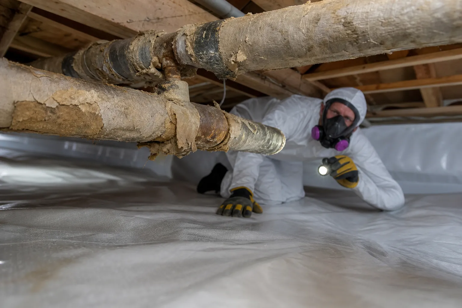 Worker in protective coveralls and a respirator inspects deteriorating pipe insulation above plastic sheeting in a crawl space.