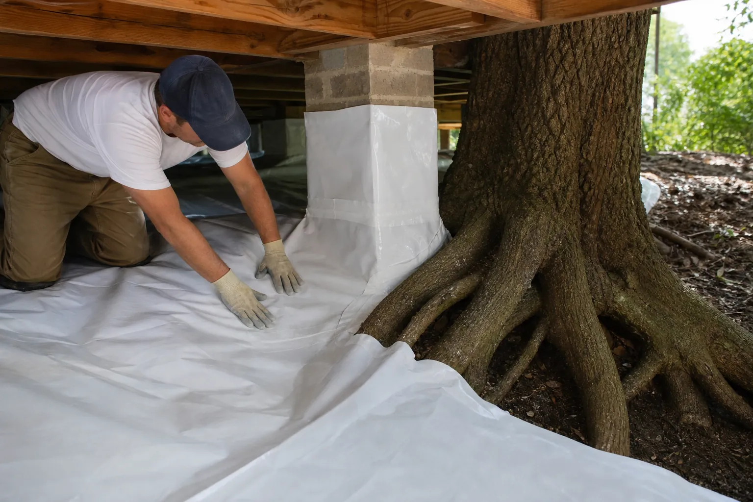 A kneeling worker smooths white crawl space encapsulation sheeting around a masonry pier beside a large tree and exposed roots.