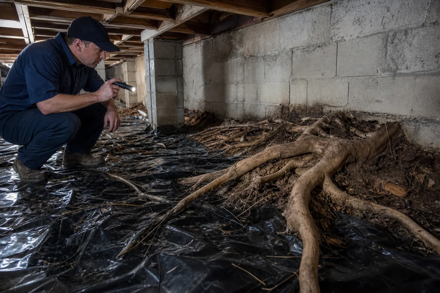 A crouching inspector holds a flashlight beside exposed tree roots, black plastic sheeting, and a crawl space block foundation.