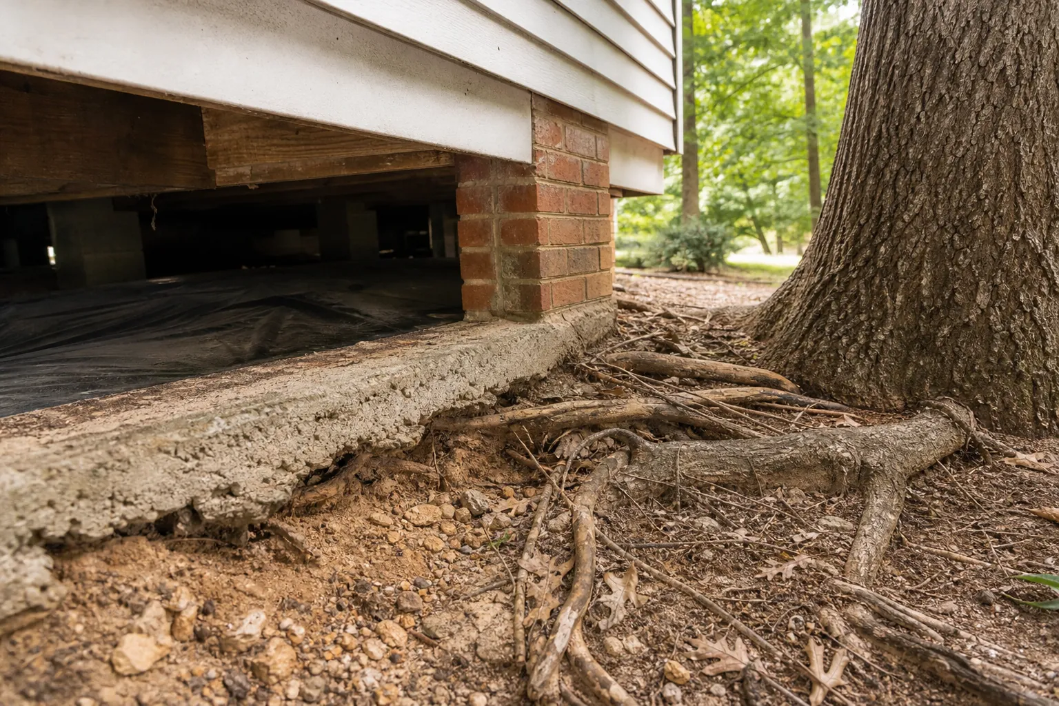 Exposed roots from a large tree spread beside a house foundation and open crawl space with black ground covering.