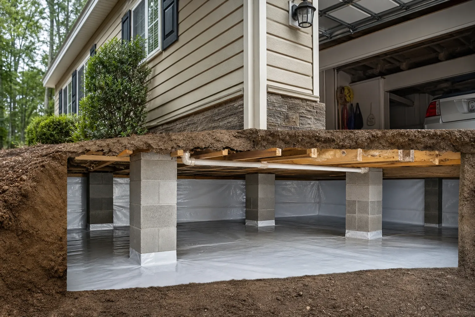 Cutaway beneath a house with an open attached garage shows a crawl space lined with white vapor barrier and concrete block piers.