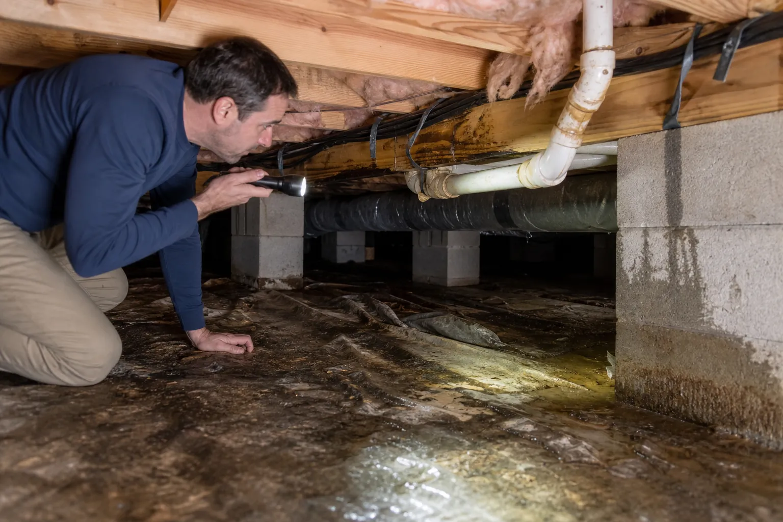 A man uses a flashlight to inspect a wet crawl space beneath exposed pipes, wood joists, insulation, and concrete supports.
