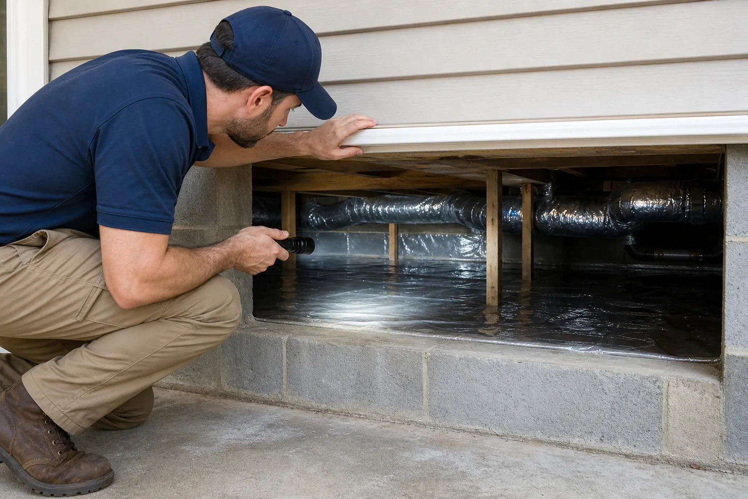 A crouching man uses a flashlight to inspect a crawl space with plastic lining, foil-wrapped ducts, and wooden supports.