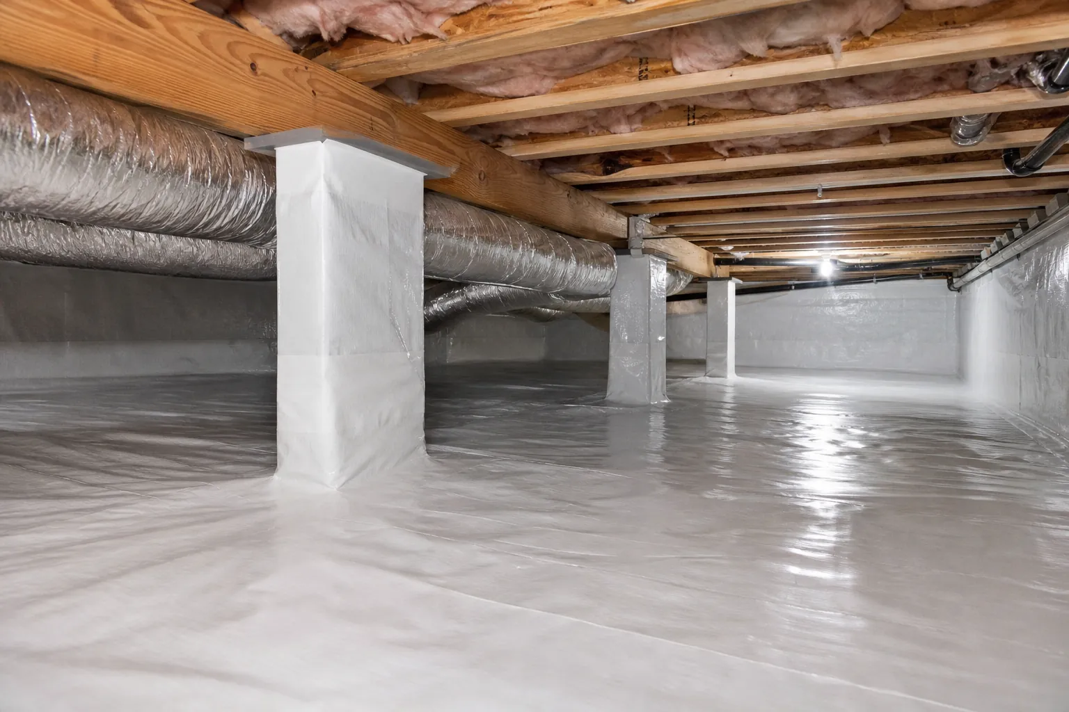 Encapsulated crawl space with white vapor barrier, wrapped support piers, exposed joists, insulation, and HVAC ducts.
