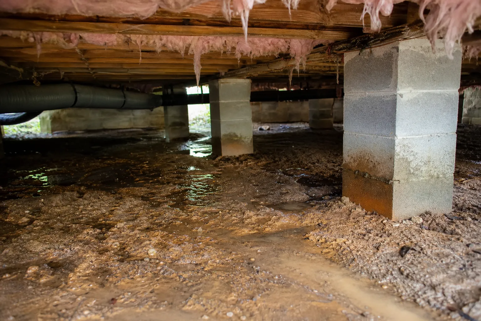 Wet, muddy crawl space with standing water, cinder block piers, ductwork, and sagging pink insulation.