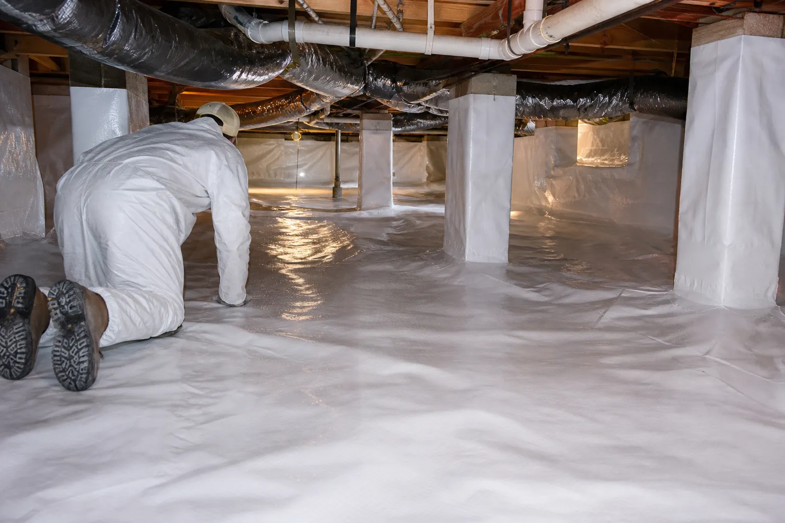 Worker in white coveralls inspects a crawl space sealed with white vapor barrier around the floor, walls, and piers.