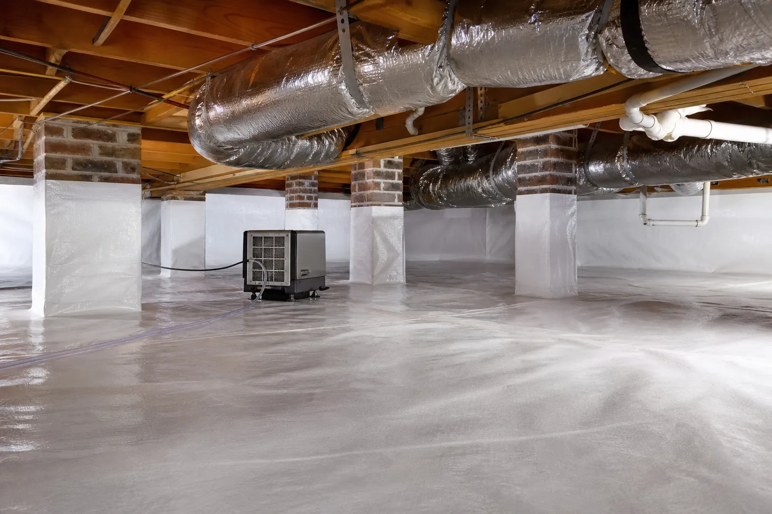 Encapsulated crawl space with white vapor barrier, wrapped ducts, plumbing, brick piers, and a dehumidifier.