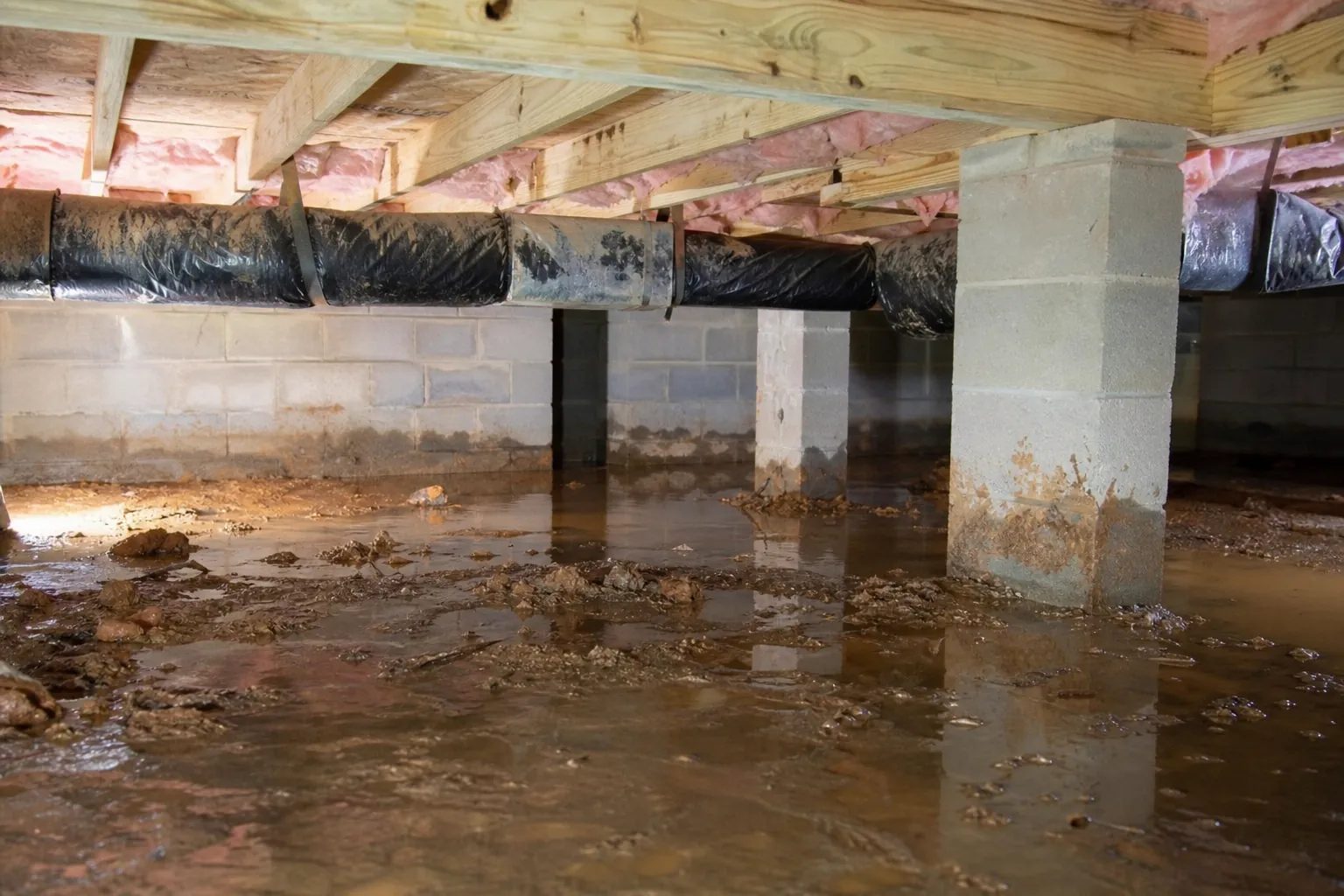 Standing water and muddy soil beneath floor joists and concrete piers in a moisture-damaged crawl space.