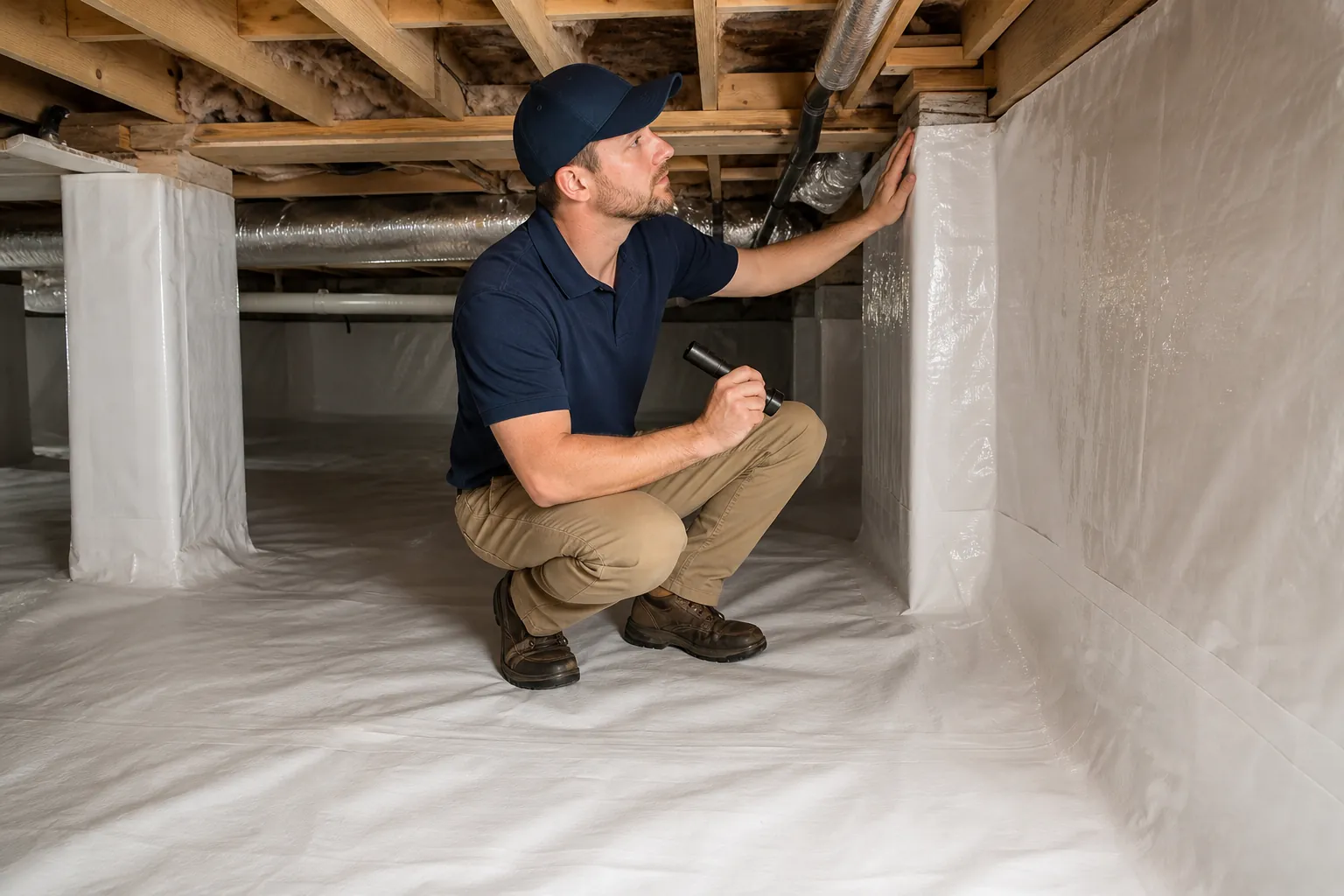 A man crouches with a flashlight in an encapsulated crawl space, inspecting white vapor barrier covering a support pier.