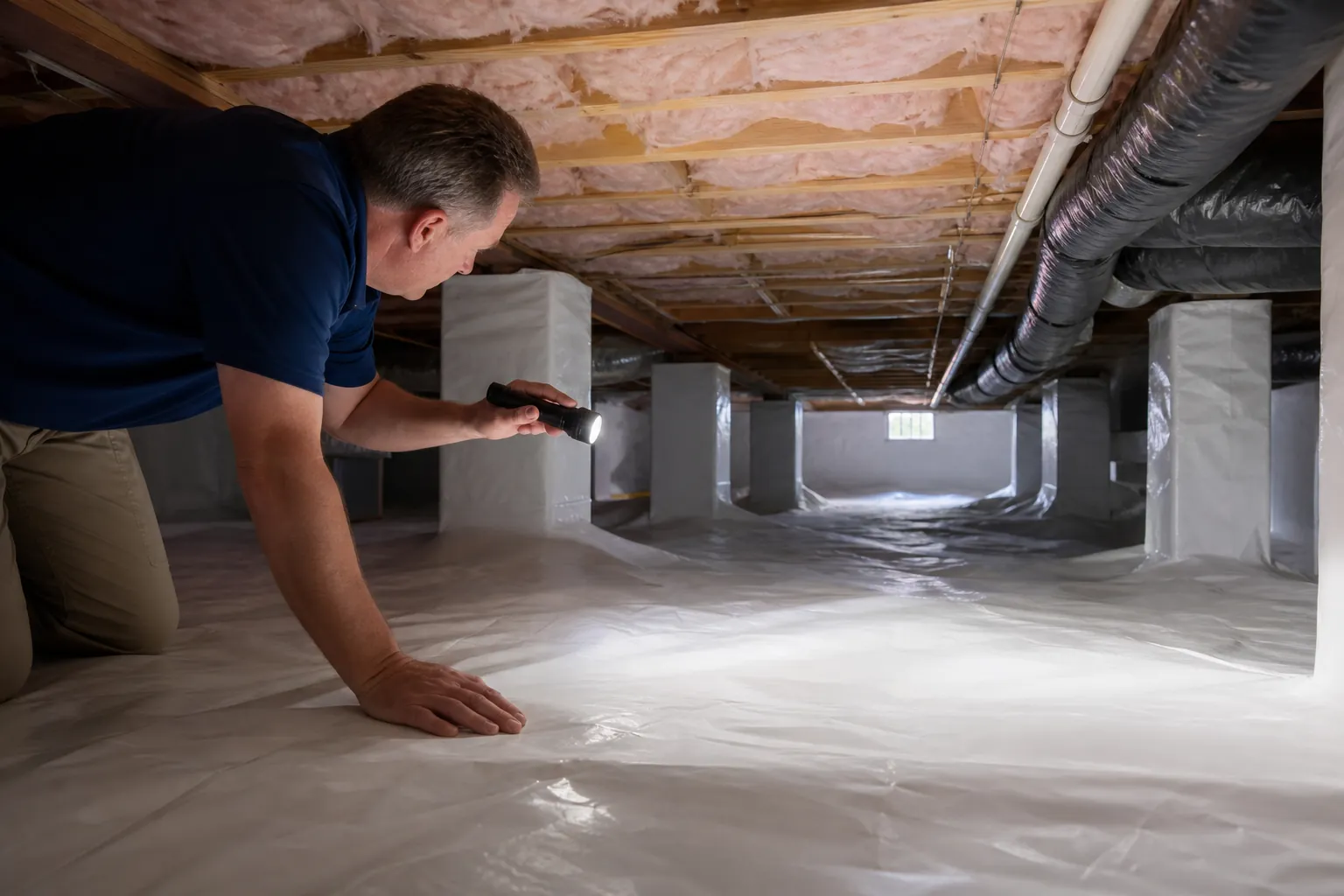 A kneeling man uses a flashlight to inspect a crawl space lined with white vapor barrier beneath exposed joists and ducts.