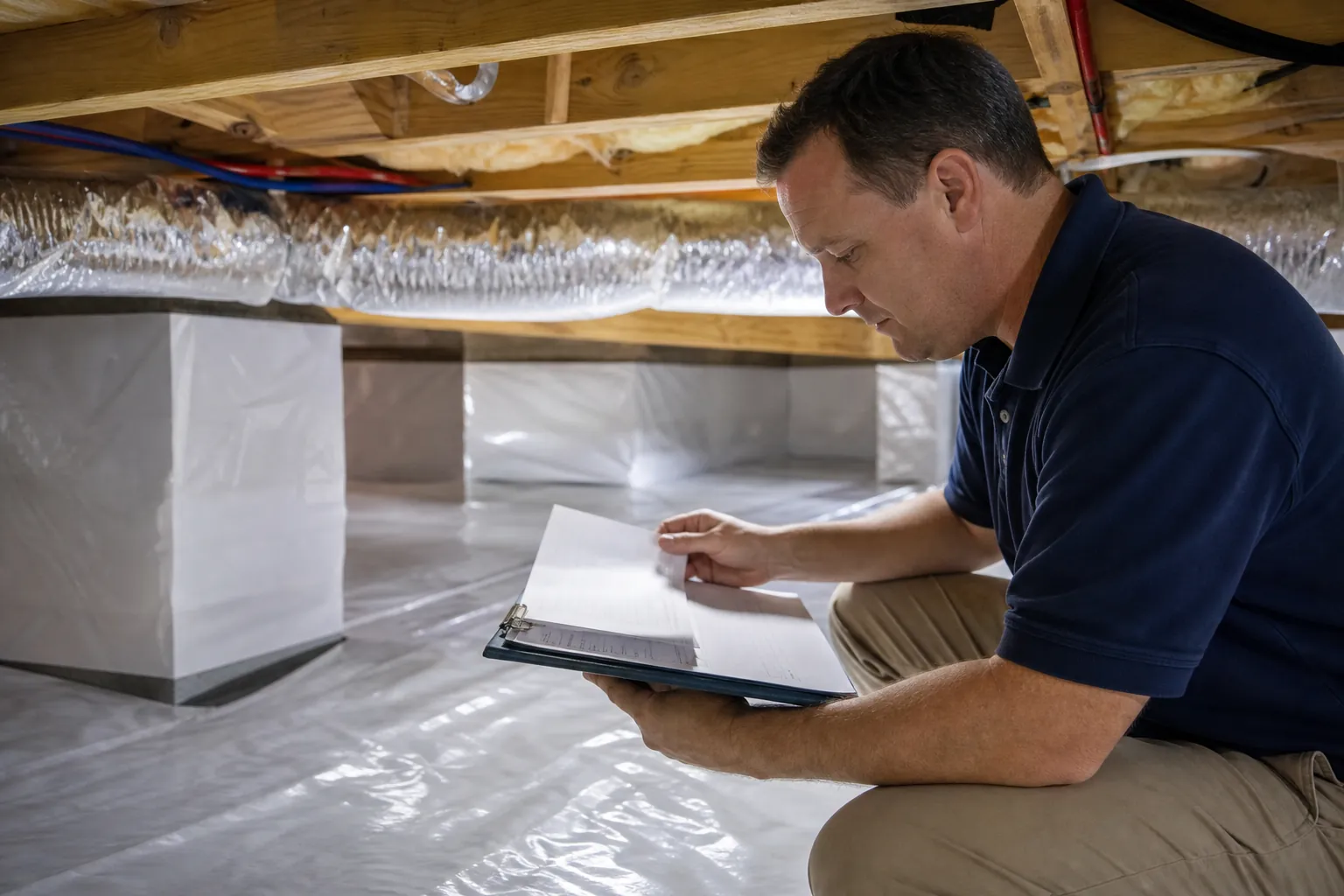 A man kneels in an encapsulated crawl space, reviewing papers on a clipboard above white floor and pier coverings.