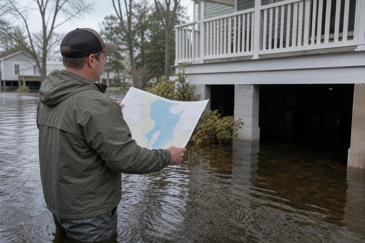 A man holds a map while standing in floodwater beside a raised house with an open, flooded crawl space beneath its porch.