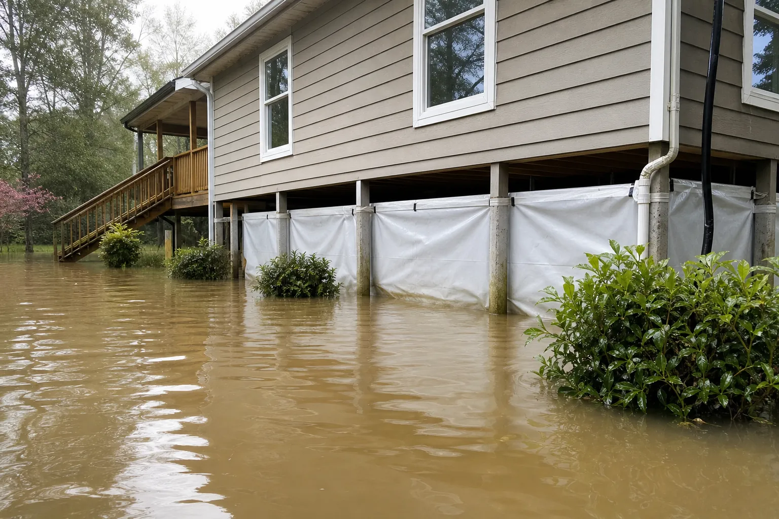 Muddy floodwater surrounds a raised house with white sheeting enclosing the crawl space between concrete supports.