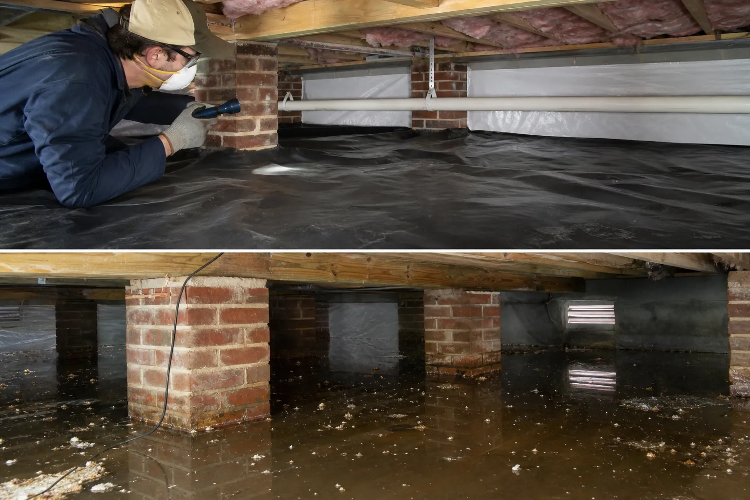 A worker inspects a plastic-lined crawl space above a second view showing standing floodwater around brick supports.