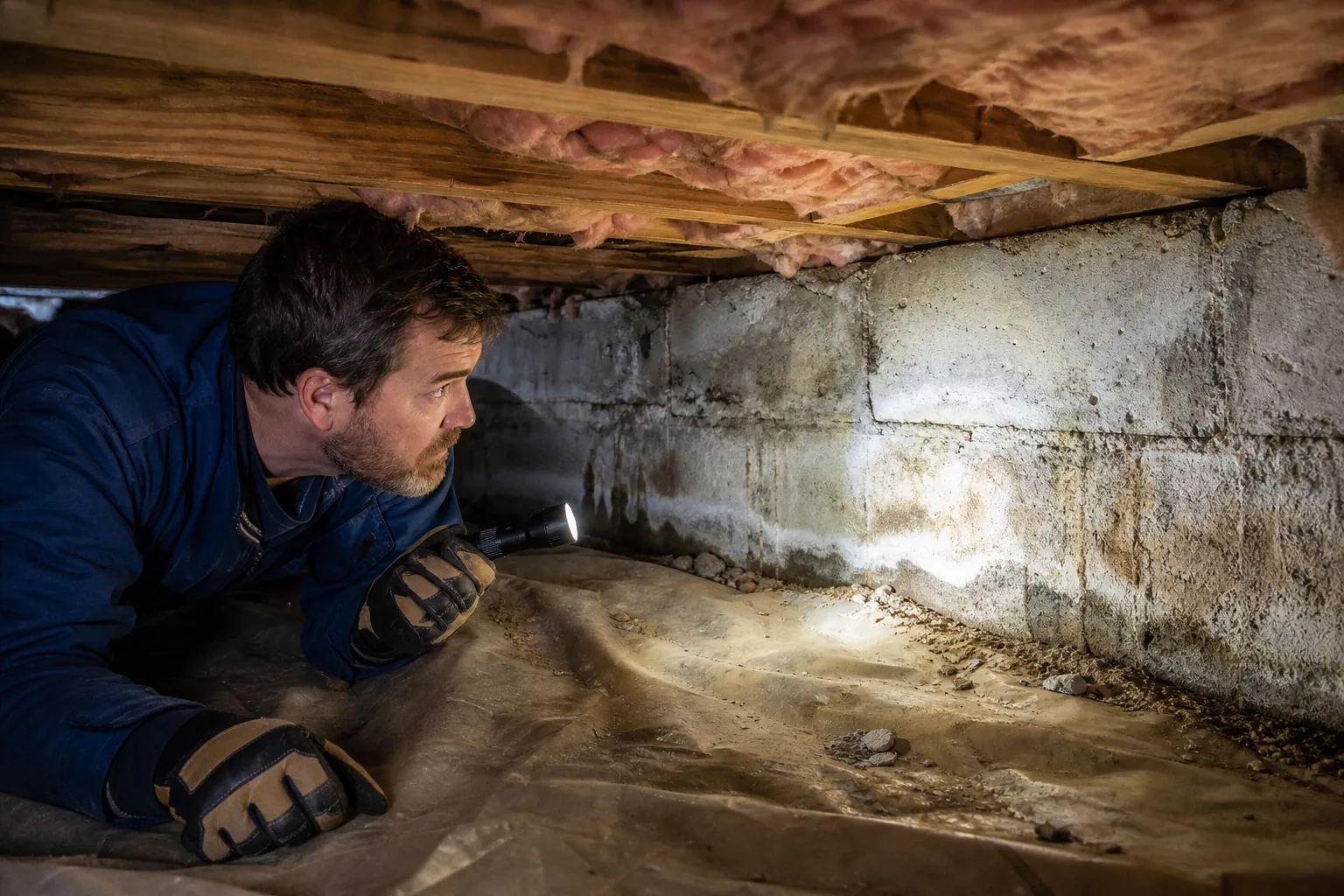 A gloved man uses a flashlight to inspect stained concrete block walls beneath exposed joists and sagging crawl space insulation.