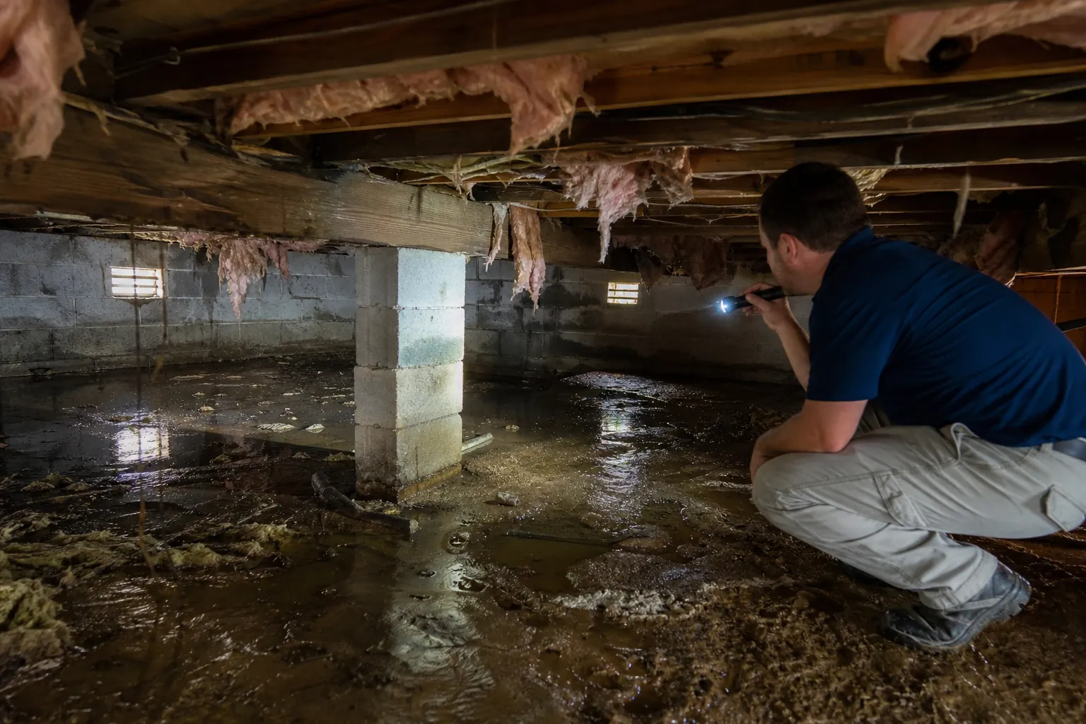 A man with a flashlight inspects a crawl space with standing water, concrete block supports, and hanging pink insulation.