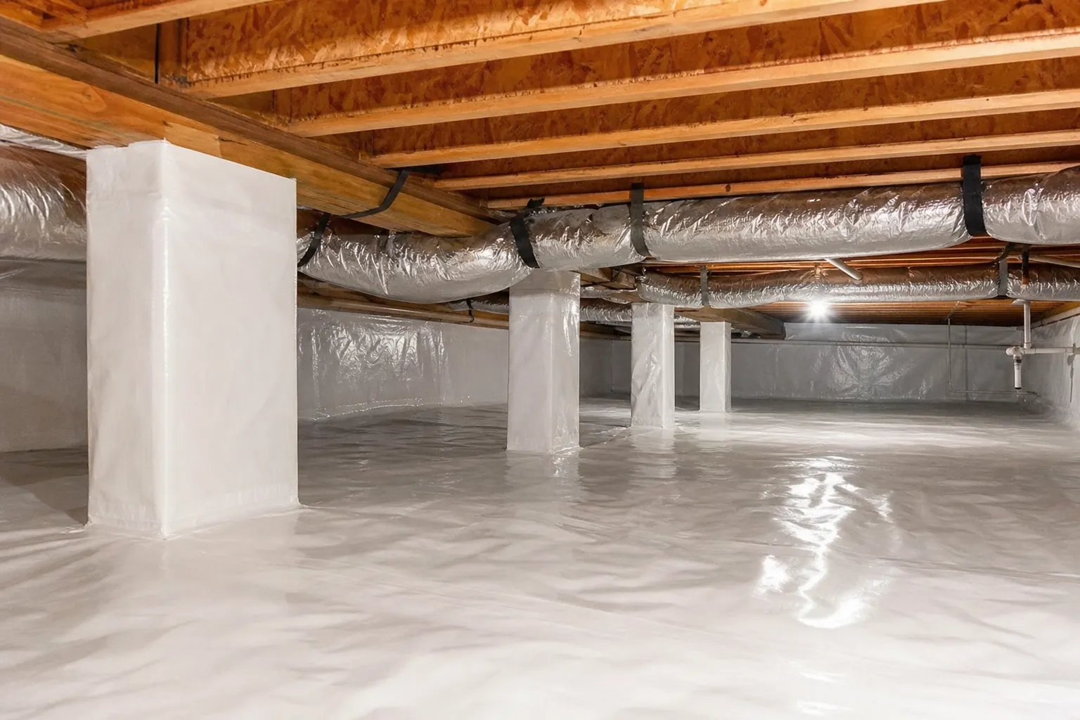 Encapsulated crawl space with white vapor barrier, wrapped support piers, exposed joists, and insulated ductwork