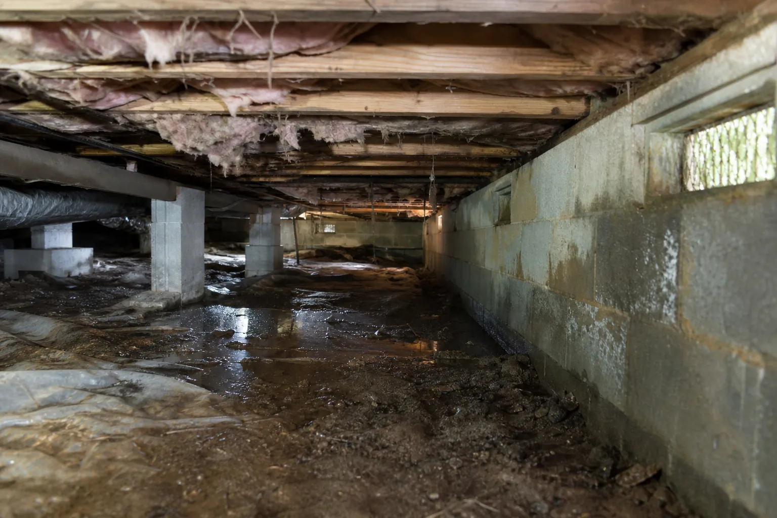 Wet, muddy crawl space with standing water, damp block walls, support piers, and sagging insulation beneath floor joists.