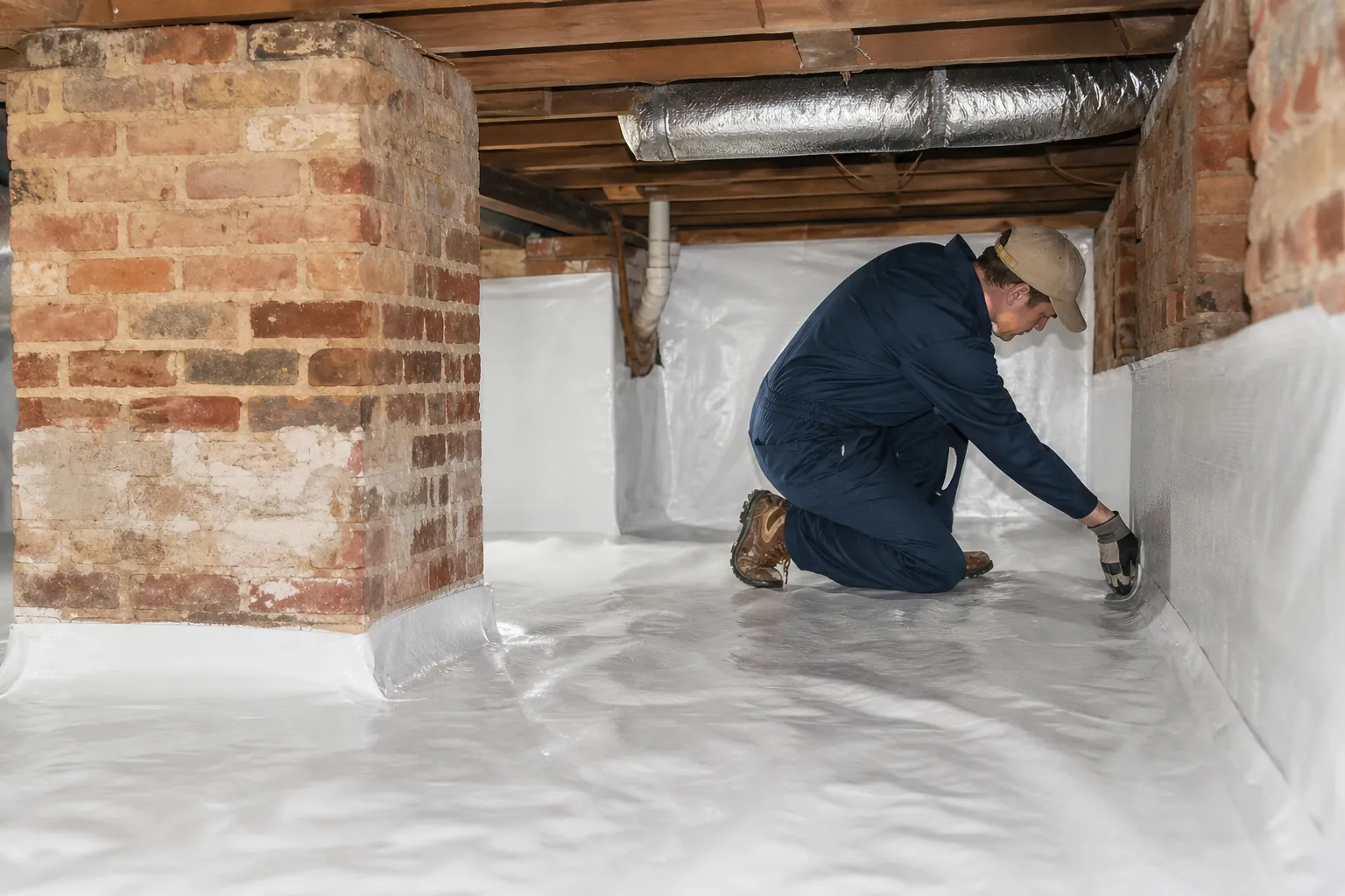 A kneeling worker presses white crawl space encapsulation sheeting along an old brick foundation beneath wooden joists and ductwork.