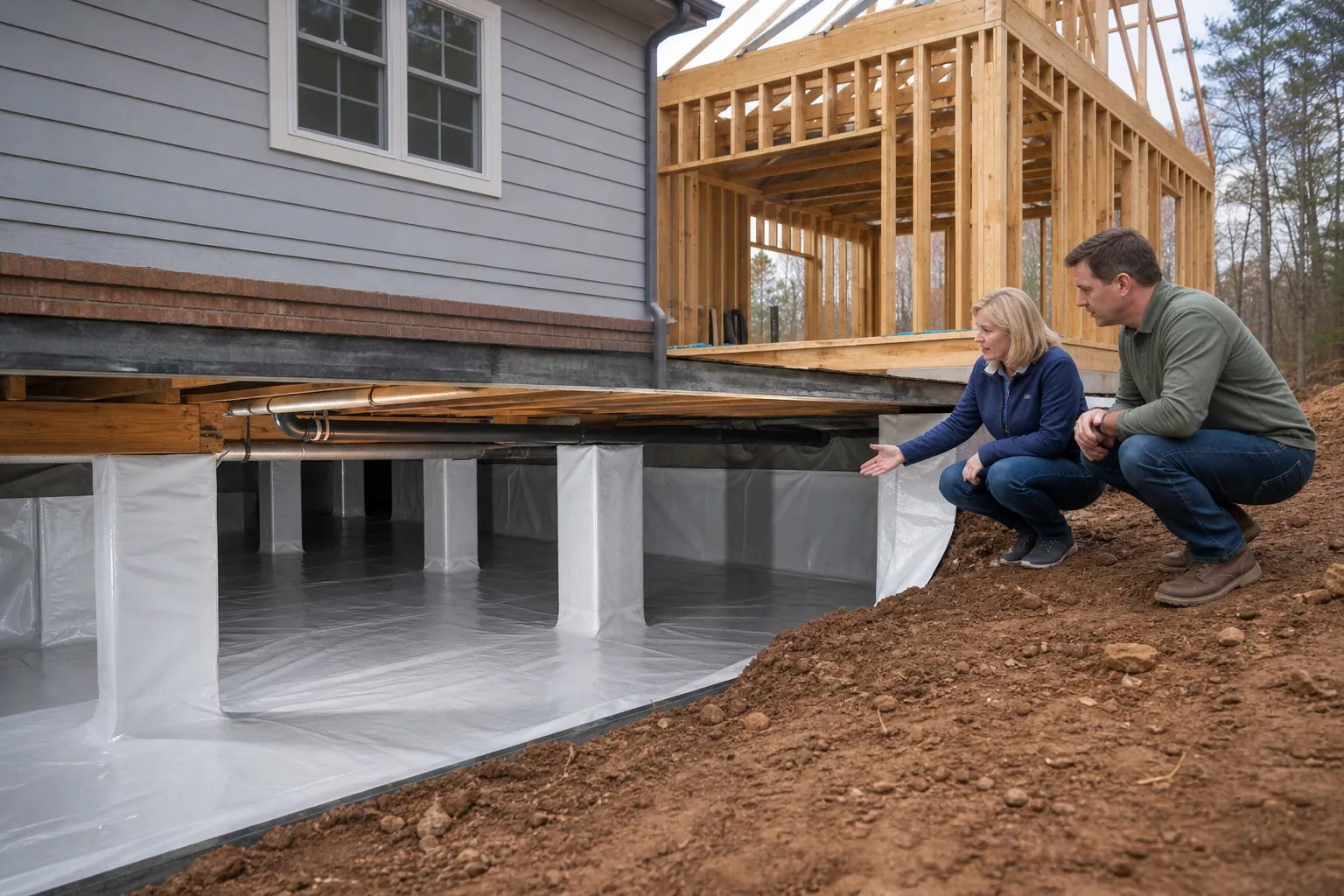 Two homeowners inspect white crawl space encapsulation beneath a framed addition beside a gray house.