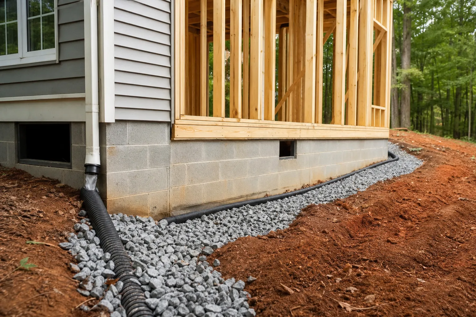 Gravel drainage trench and corrugated pipe run beside the block foundation of a newly framed home addition.