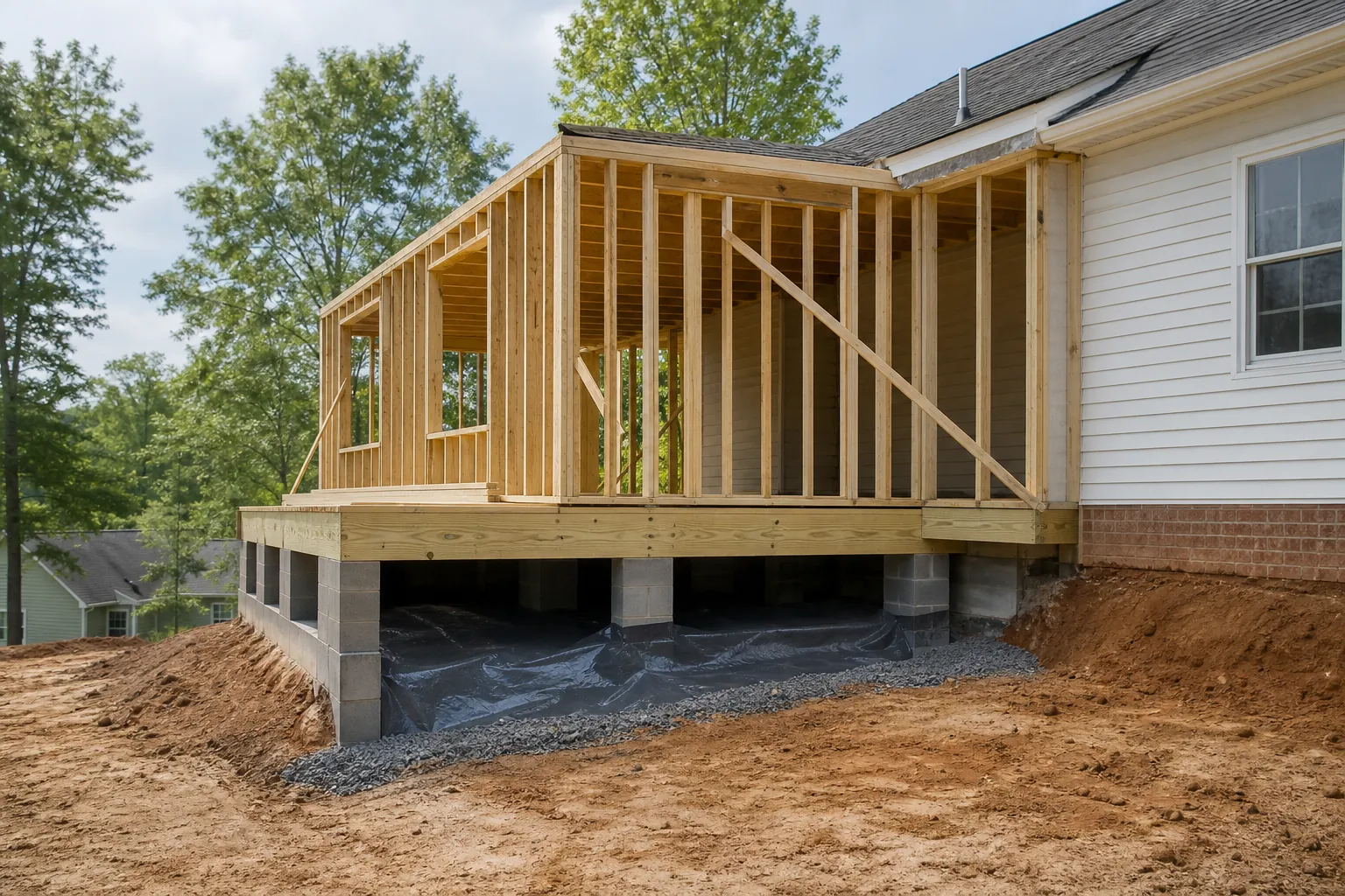 Wood-framed home addition under construction above an open crawl space lined with black plastic sheeting.