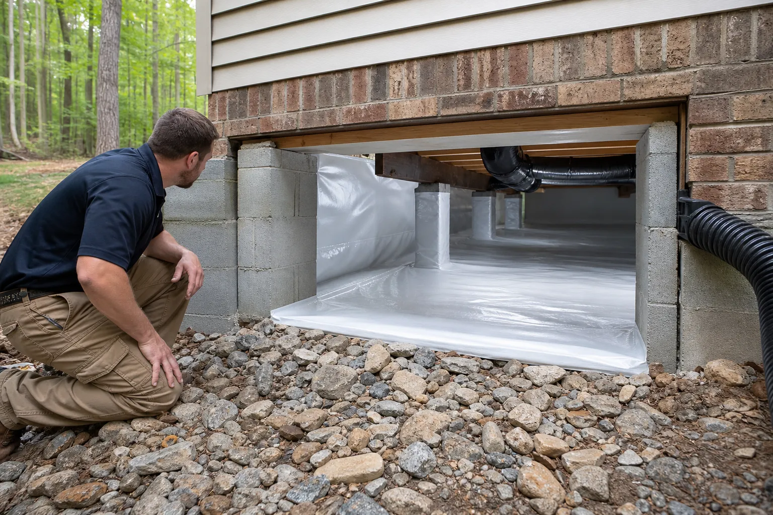 A man kneels on rocky ground beside a brick house's crawl space entrance, inspecting white vapor barrier lining and black ductwork.