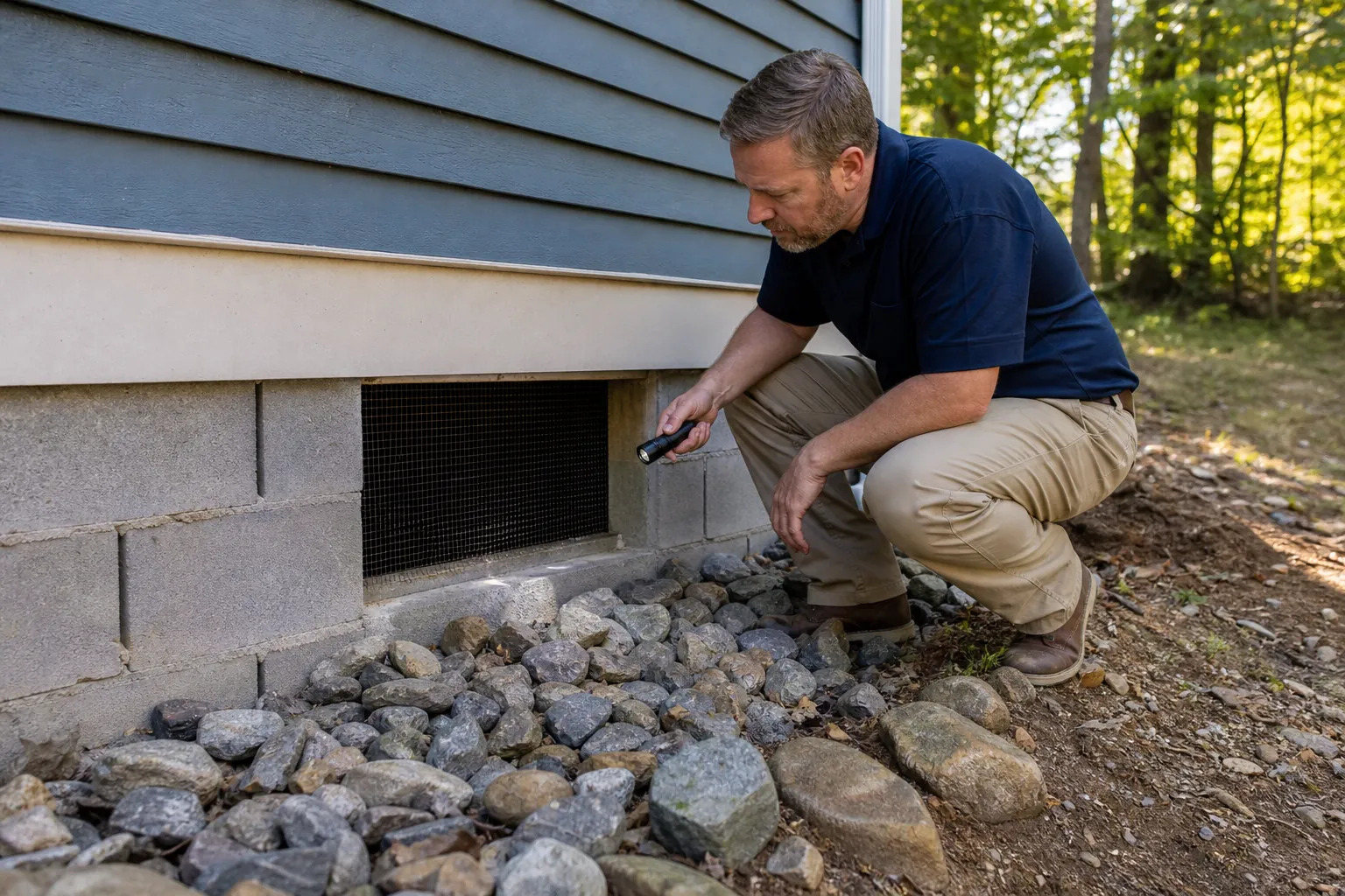 A man crouches beside a house, holding a flashlight near a screened crawl space vent above rocks along the block foundation.