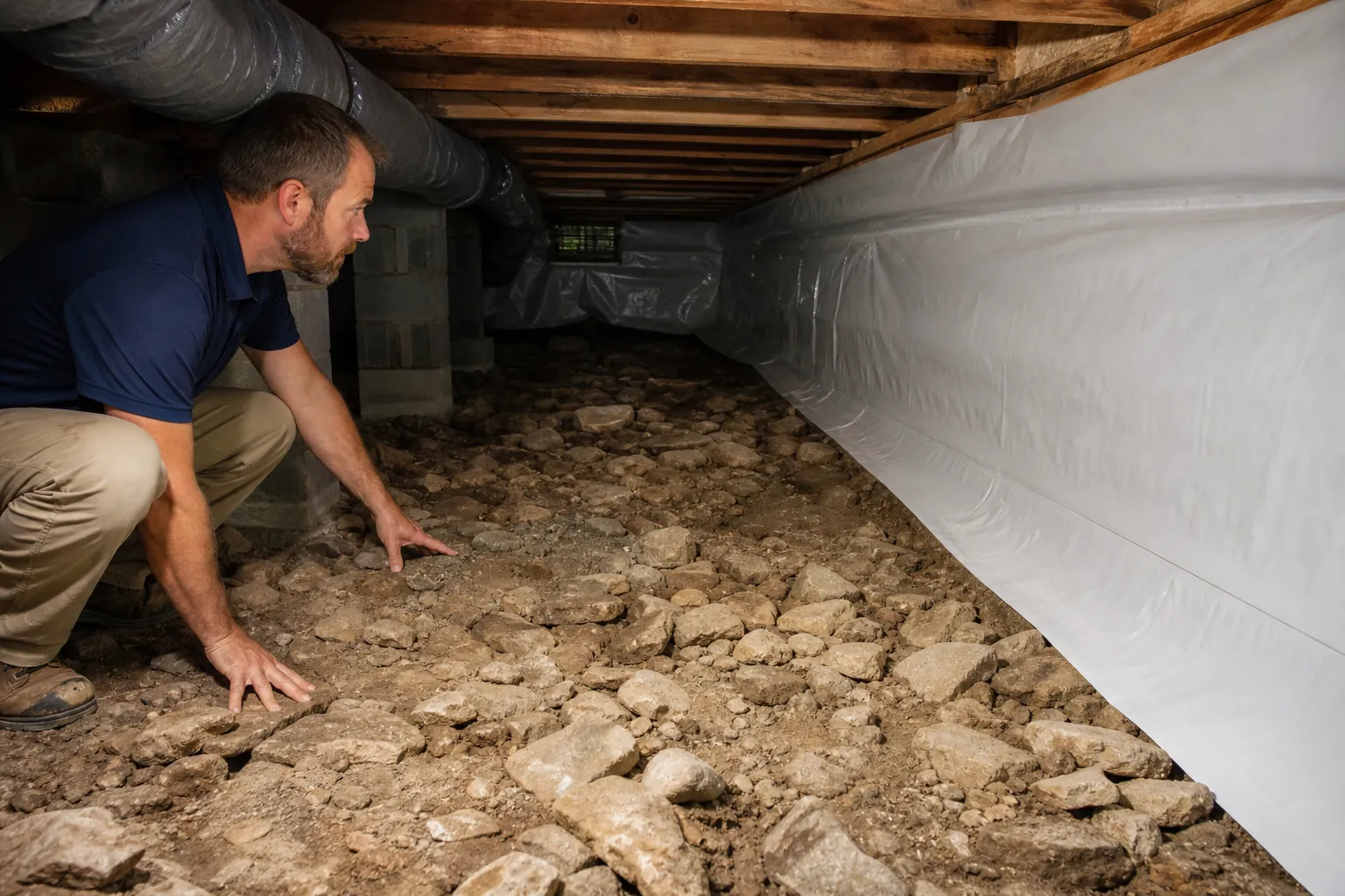 A man crouches on a rocky crawl space floor beneath wooden joists, beside a wall lined with white vapor barrier material.