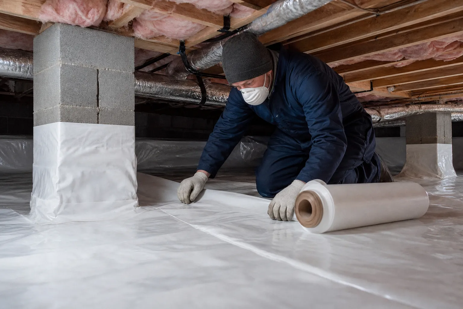 A masked worker in a knit cap and gloves lays white vapor barrier sheeting around concrete piers in a low crawl space.