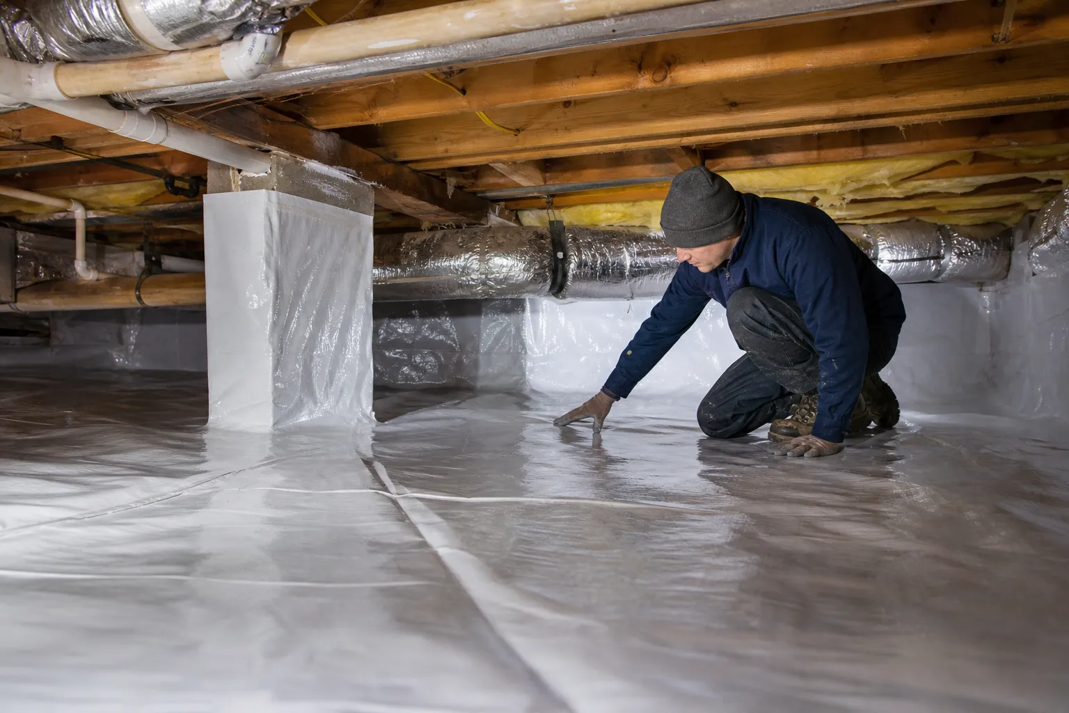 A worker kneels on white vapor barrier lining a crawl space floor, with wrapped piers, exposed joists, pipes and silver ducts.