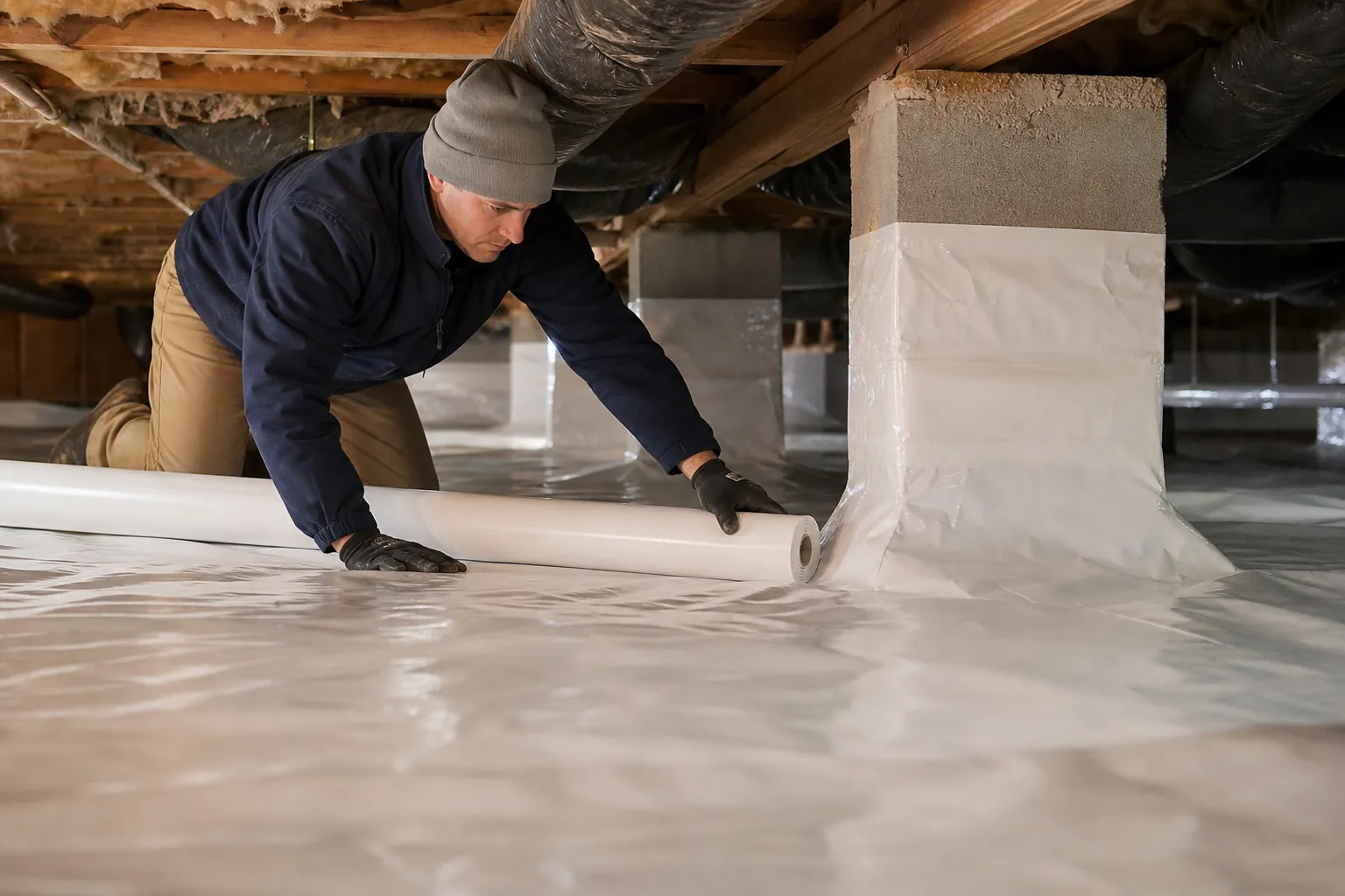 A worker in a knit cap and gloves unrolls white vapor barrier across a crawl space floor beside wrapped concrete piers.