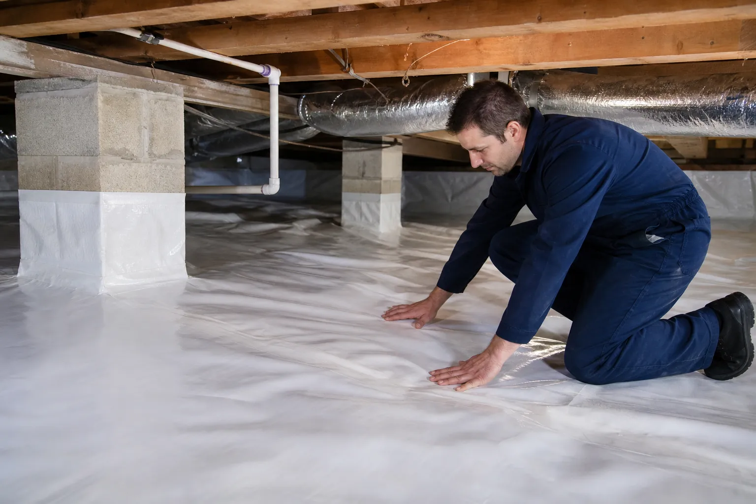 Worker kneeling on a white vapor barrier in an encapsulated crawl space with support piers, plumbing, and ductwork