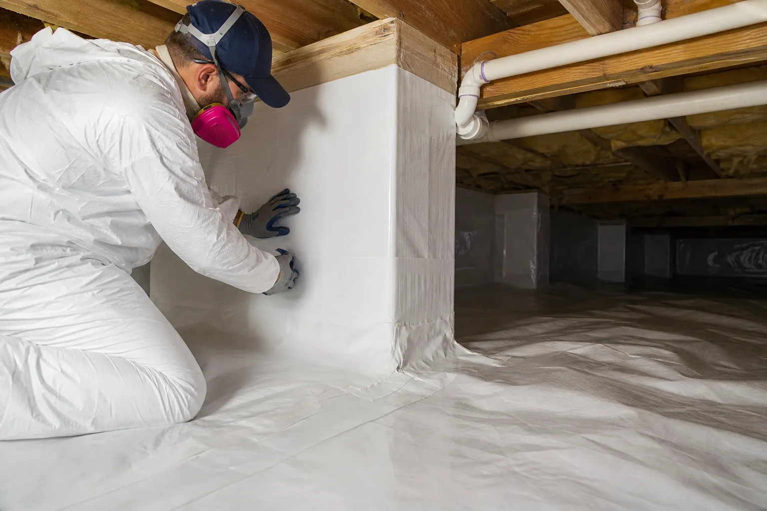 Worker in protective coveralls and a respirator installs white vapor barrier around a crawl space support pier.