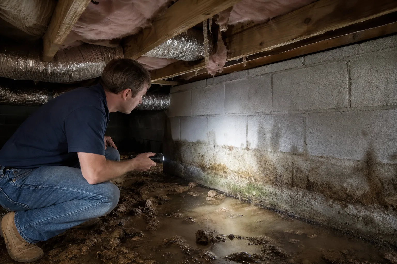 A man with a flashlight inspects standing water and moisture stains along a concrete block crawl space wall.