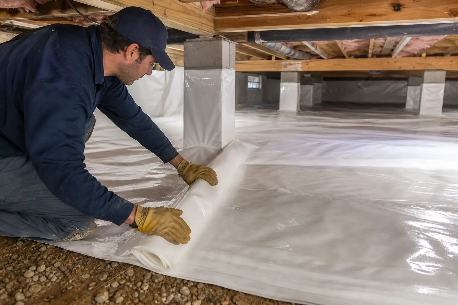 A kneeling worker in gloves unrolls white vapor barrier across a crawl space floor beneath wooden joists and wrapped support piers.