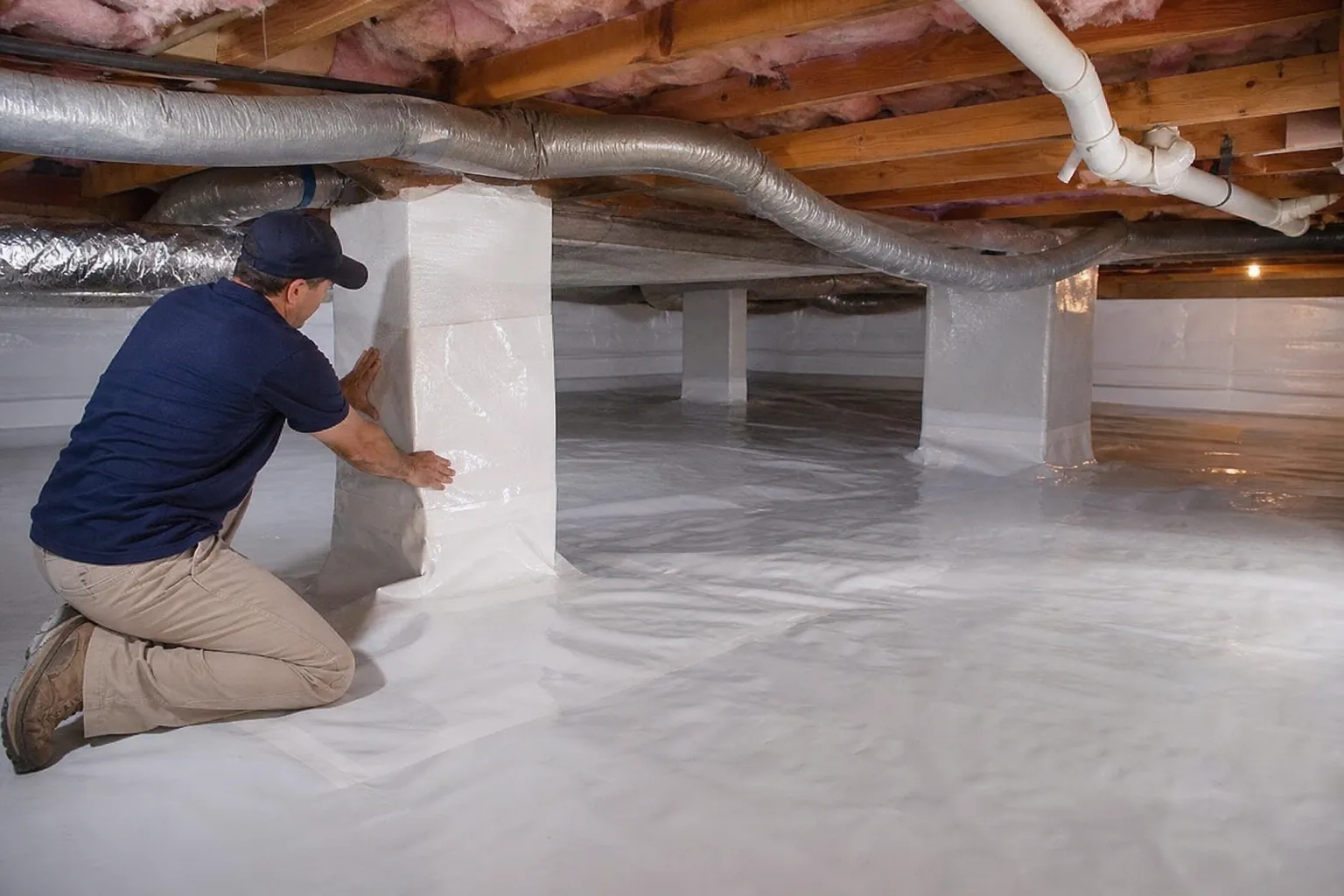 A kneeling worker smooths white vapor barrier around a crawl space support pier beneath exposed joists, ducts, and pipes.