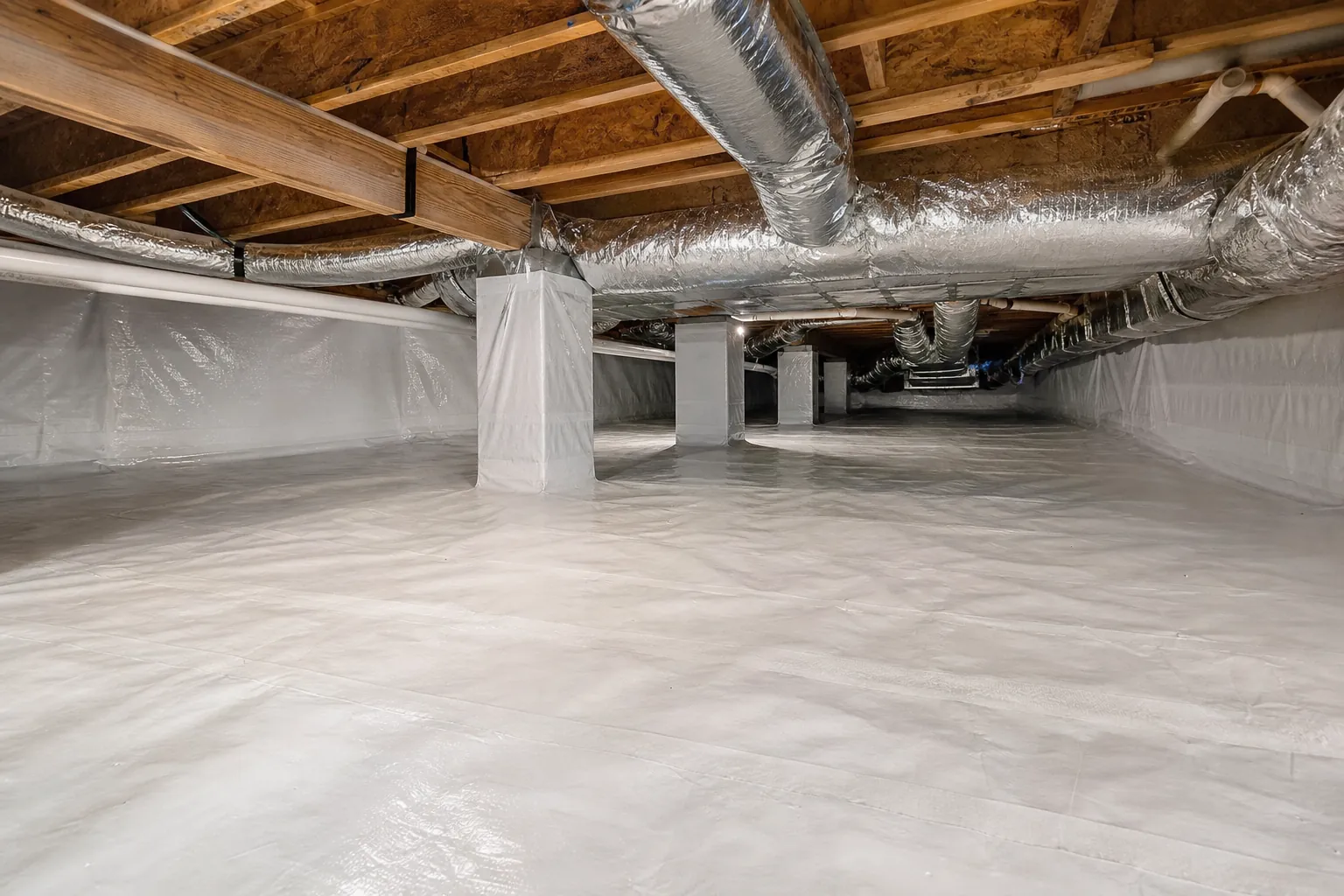 Encapsulated crawl space with white vapor barrier, wrapped support piers, exposed joists, and insulated ductwork.