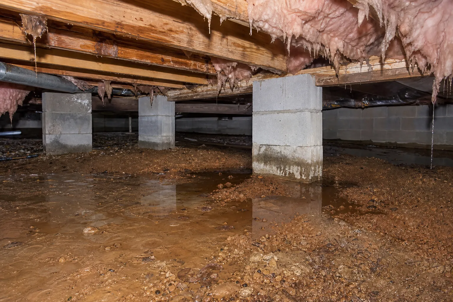 Standing water and muddy soil beneath a home, with damp supports and sagging fiberglass insulation in the crawl space.