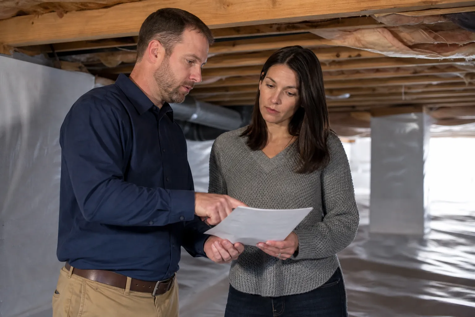 A man and woman review a sheet of paper inside a crawl space lined with white encapsulation material.