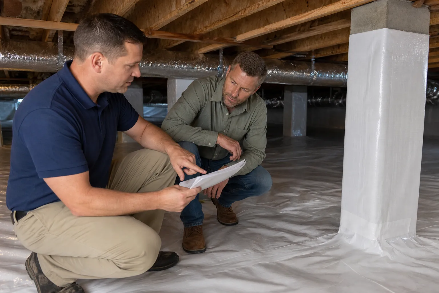 Two men review paperwork while inspecting white vapor barriers and wrapped supports in an encapsulated crawl space.