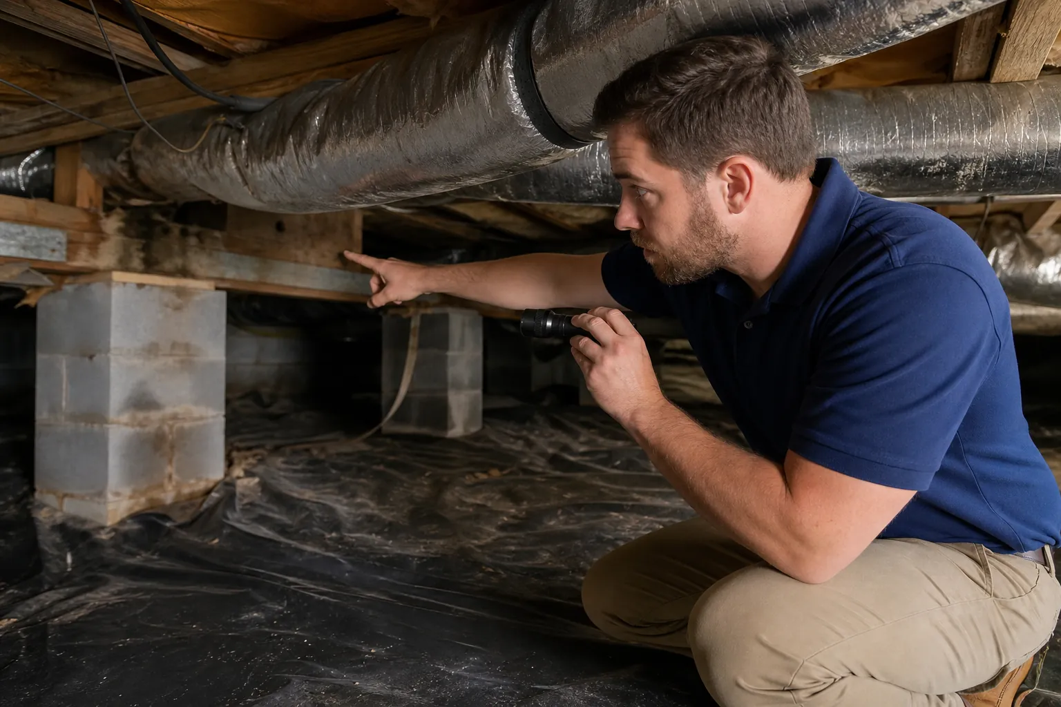 Inspector with a flashlight points toward stained supports beneath ductwork in a plastic-lined crawl space.