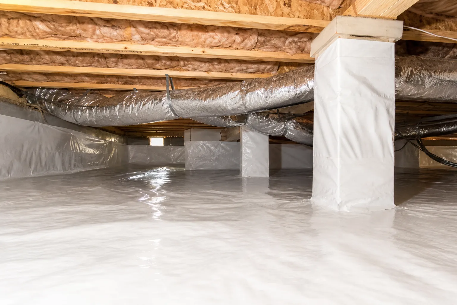 Encapsulated crawl space with white vapor barriers, insulated joists, support piers, and flexible HVAC ducts.