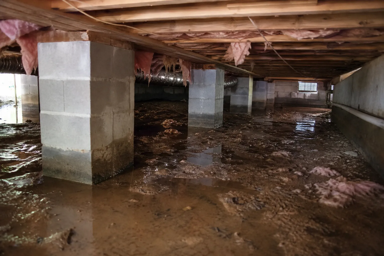 Flooded crawl space with standing water, concrete block supports, exposed insulation, ductwork, and wood floor joists.