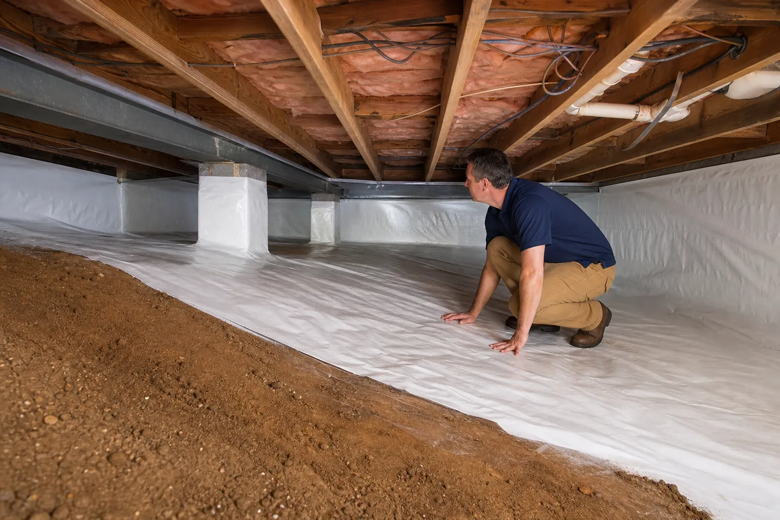 A man crouches on white vapor barrier covering a sloped crawl space floor, with exposed dirt in front and wooden joists overhead.