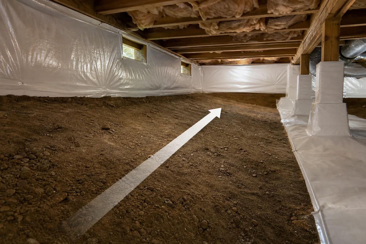 A white arrow points toward the back of a sloped dirt crawl space with plastic-lined walls and piers beneath exposed joists.
