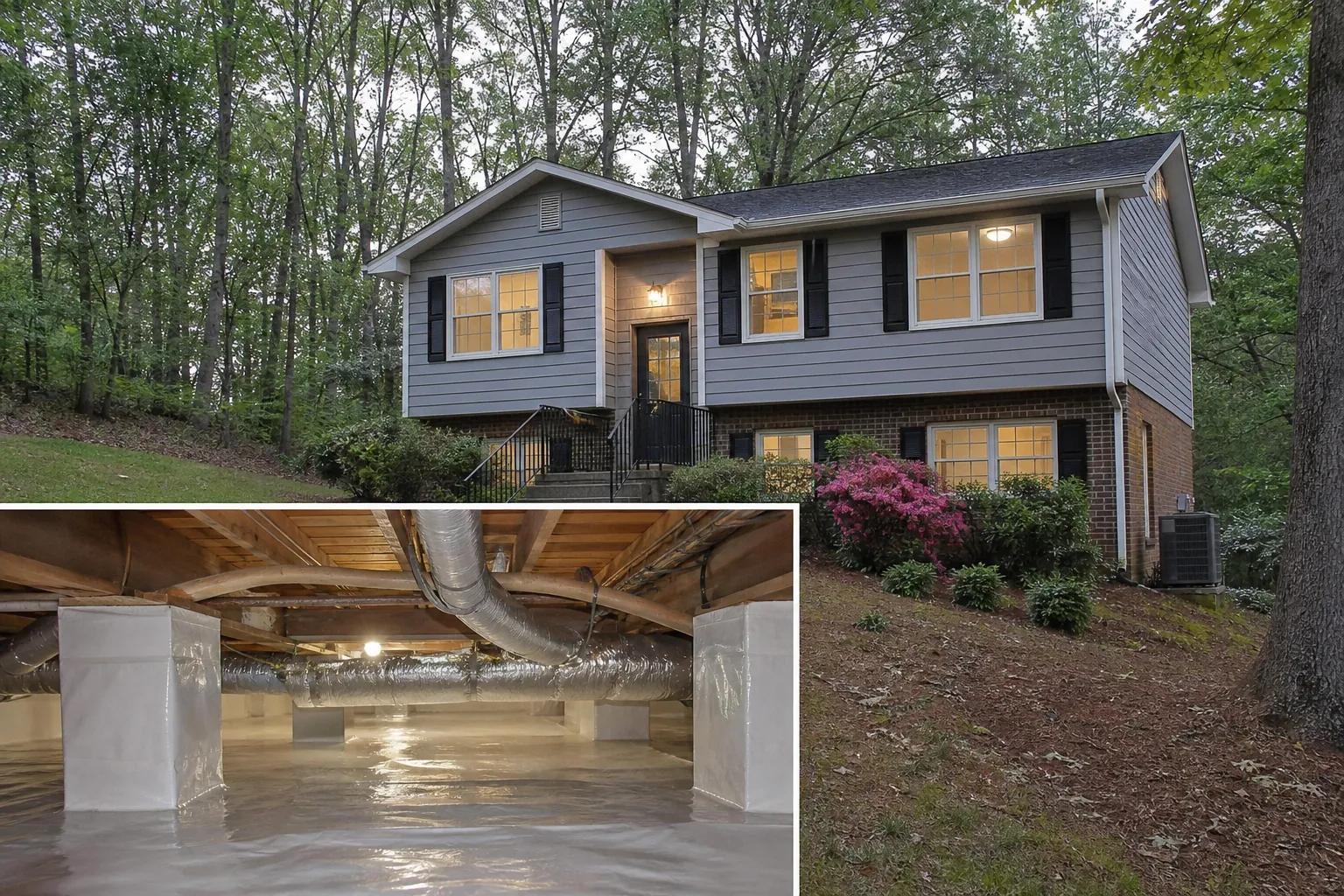 Split-level house exterior with an inset showing a crawl space sealed with white vapor barrier and insulated ductwork.